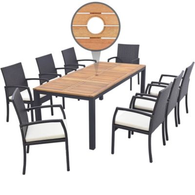 9 PCS Patio Rattan Dining Set with Acacia Wood Table, Cushions, 1.9" Umbrella Hole