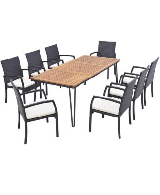9 PCS Patio Rattan Dining Set with Acacia Wood Table, Cushions, 1.9" Umbrella Hole
