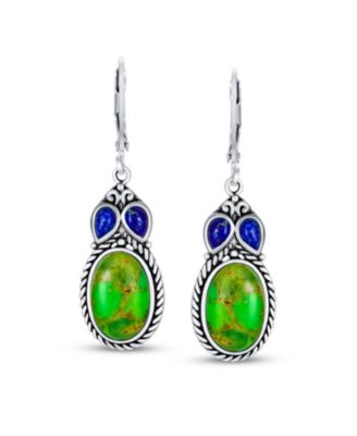 South Western Style Multi Stones Green Natural Stabilized Turquoise Oval Lever back Dangle Earrings Sterling Silver