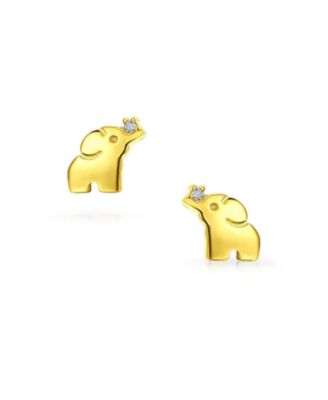 Tiny Minimalist CZ Accent Zoo Animal Child Lucky Elephant Yellow 14K Gold Stud Earrings Screw back