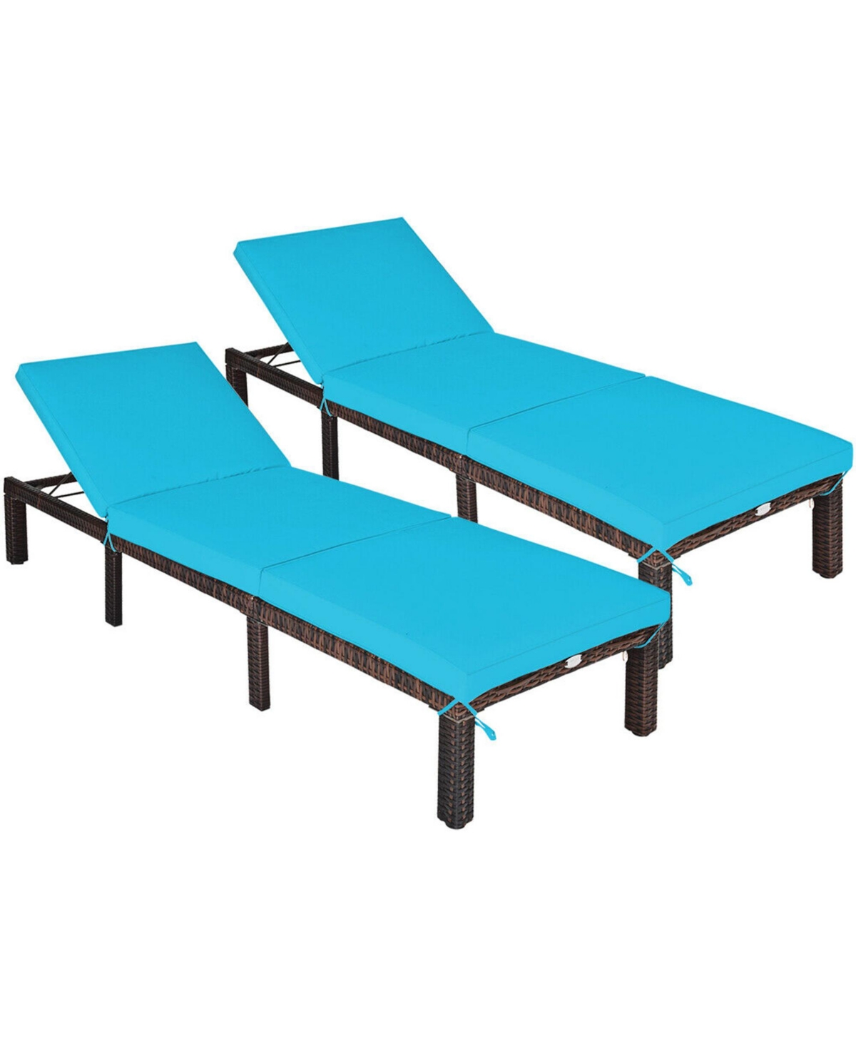 2PCS Adjustable Patio Rattan Chaise Lounge Chair Recliner Outdoor w/ Turquoise Cushion - Turquoise/aqua+brown