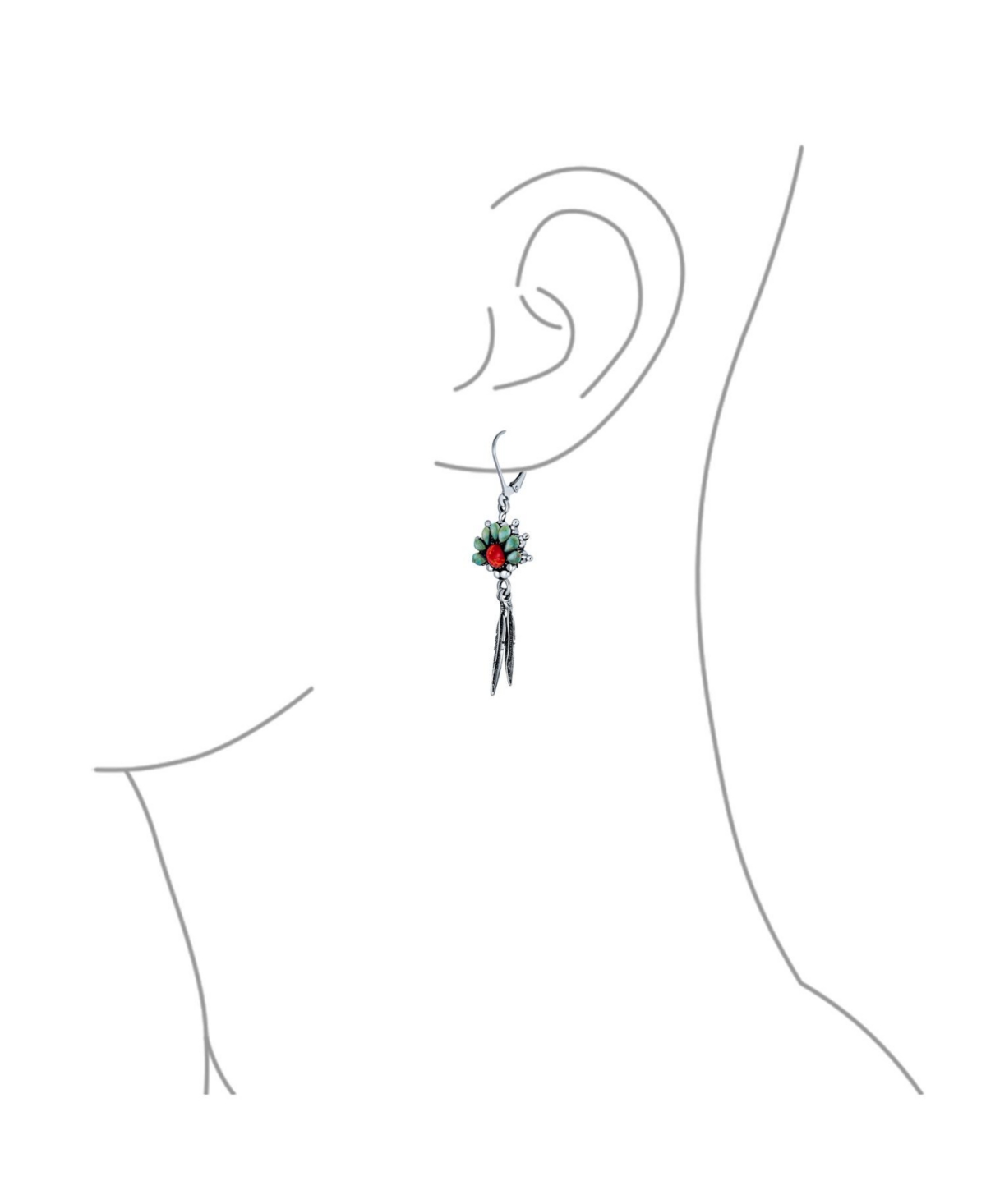 Bling Jewelry South West Native American Style Squash Blossom Natural Turquoise Coral Feather Lever Back Dangle Earrings For Women Sterling Silver - M