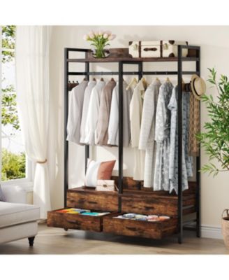 Freestanding Closet Organizer for Hanging Clothes, Heavy Duty Garment Rack with 4 Drawers, 8 Hooks and Storage Shelves