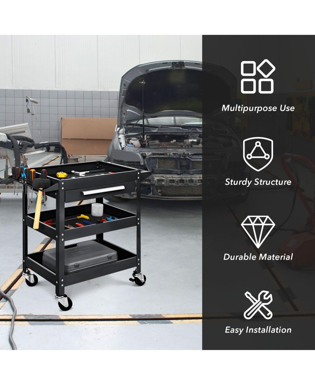 Slickblue Rolling Tool Cart Mechanic Cabinet Storage ToolBox Organizer with Drawer- Black