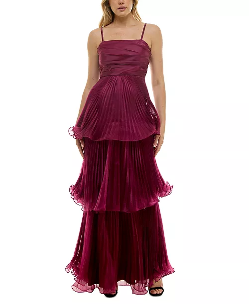 women's square-neck tiered pleated chiffon gown
