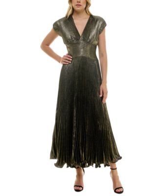 Pleated V-Neck Beaded Maxi Gown With Cap Sleeves Vintage Mauve