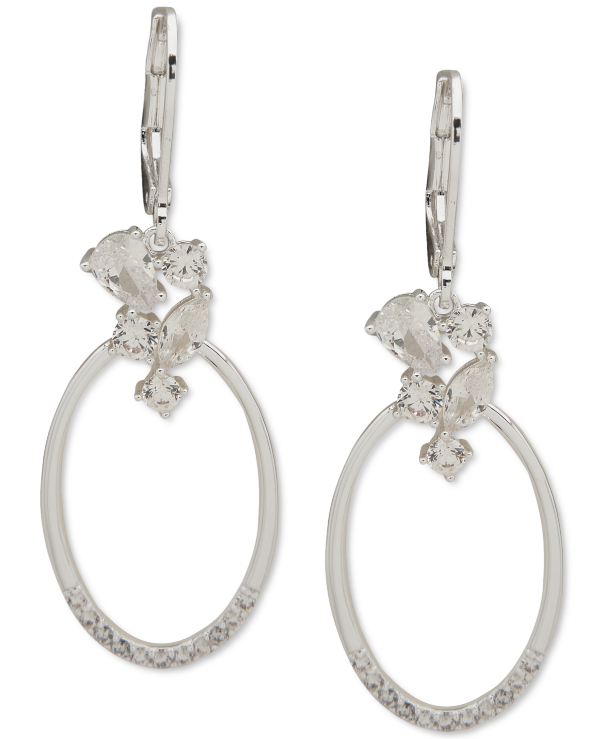 Anne Klein Silver-tone Crystal Cluster Stone Oval Drop Earrings In Crystal
