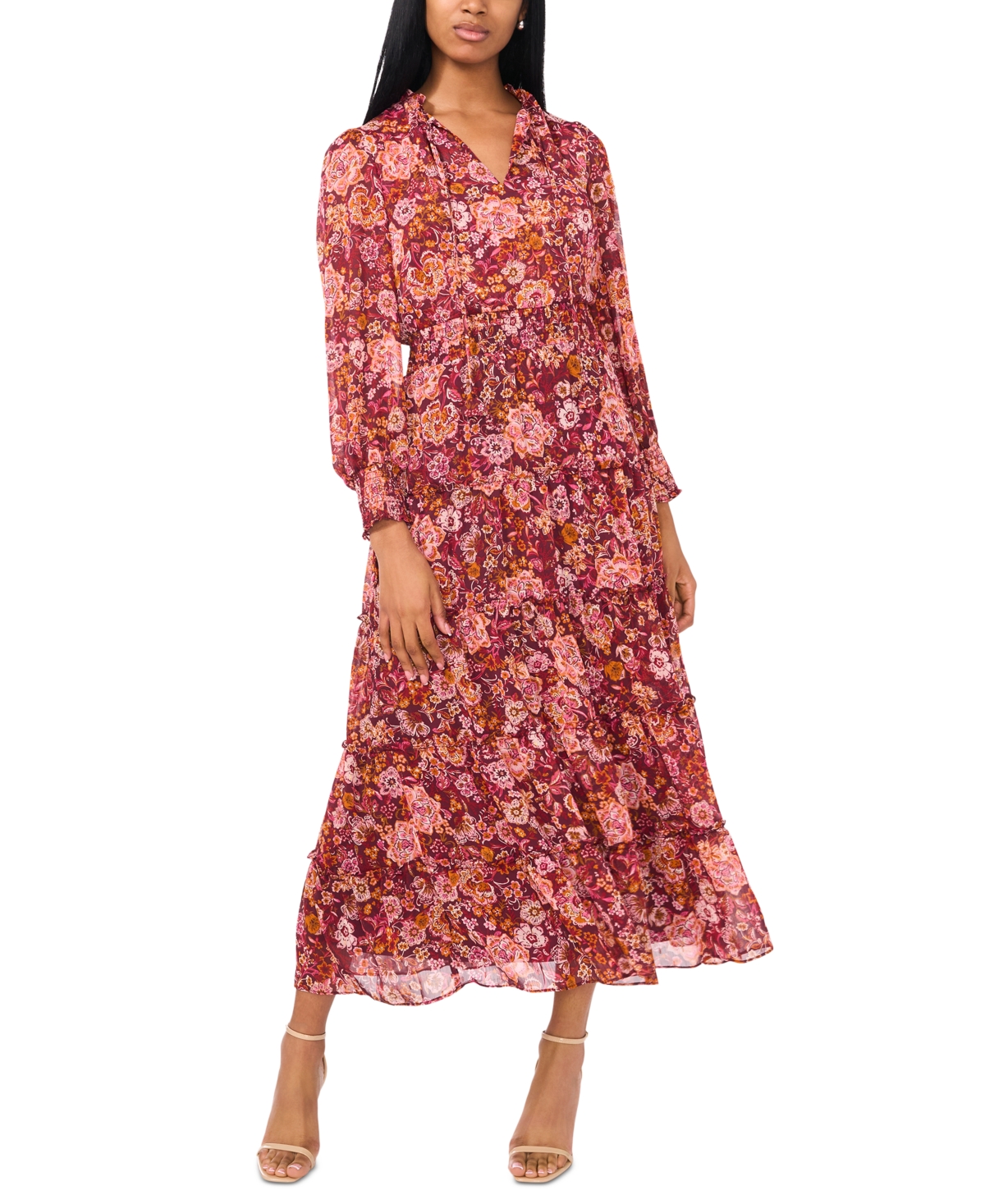 Women's Floral-Print Tie-Neck Maxi Dress - Rhubarb