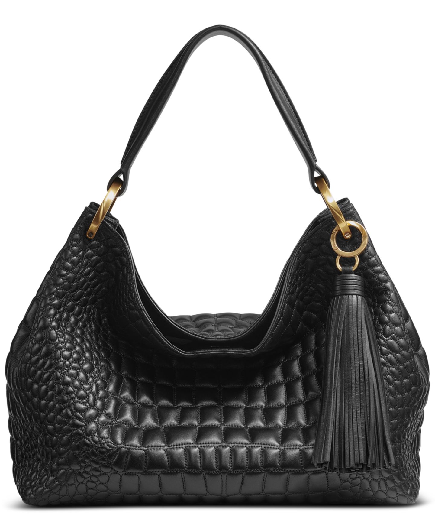 Женская сумка Donna Karan New York Glenwood Quilted Croc Large Shoulder with Tassel Detail, цвет: Чёрный / Золотой — фото 1