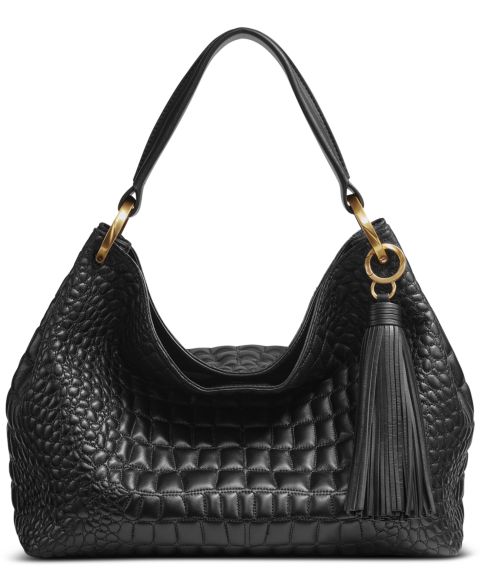 Женская сумка Donna Karan New York Glenwood Quilted Croc Large Shoulder with Tassel Detail, цвет: Чёрный / Золотой