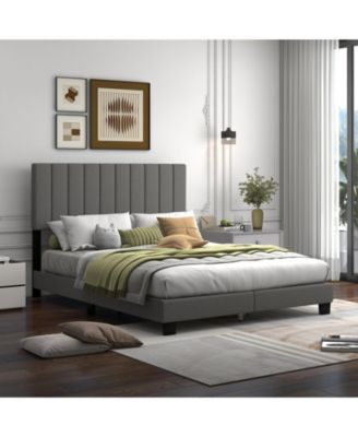 Queen Size Upholstered Bed Frame with Vertical Channel Tufted Headboard-Gray