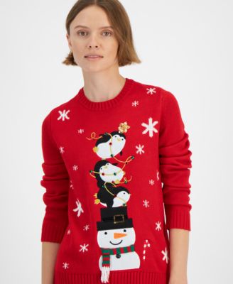 Holiday Lane Women's Penguin & Snowman Sweater, Created for Macy's