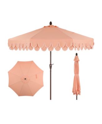 Tracy 9 ft. Classic MidCentury Scalloped Fringe Market Patio Umbrella with Auto-Tilt Crank, Wind Vent and UV Protection in Coral