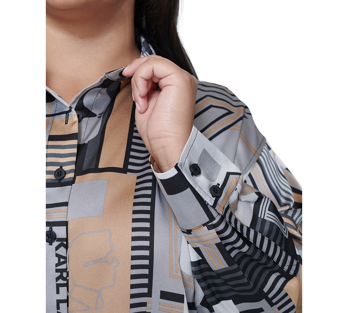 Karl Lagerfeld Paris Plus Size Printed Button-Front Long-Sleeve Blouse, Created for Macy's