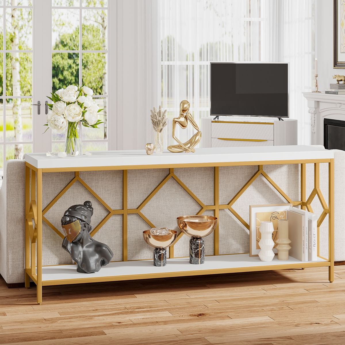 Tribesigns Extra Long Sofa Table, Narrow Long Sofa Console Tables Behind Couch Table with Open Storage Shelf - White and gold