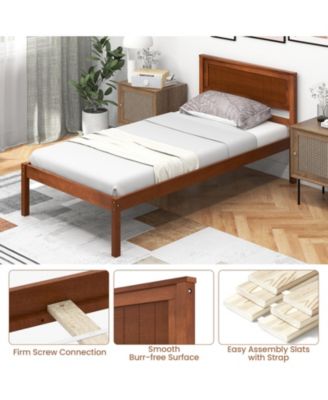 Twin Size Bed Frame with Wooden Headboard and Slat Support