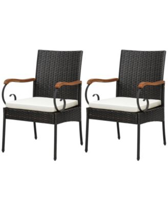 Set of 2 Outdoor PE Wicker Chair with Acacia Wood Armrests