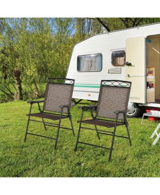 Set of 2 Patio Folding Chairs Sling Portable Dining Chair Set with Armrest