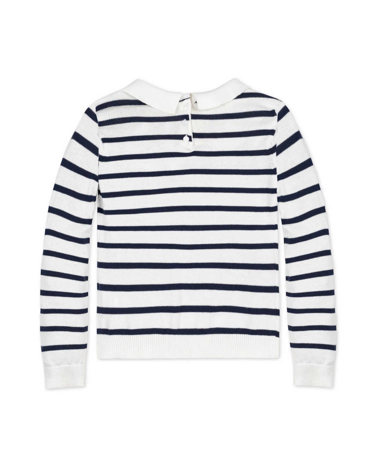 Hope & Henry Baby Girls Organic French Collared Keyhole Long Sleeve Sweater - Navy breton stripe with collar