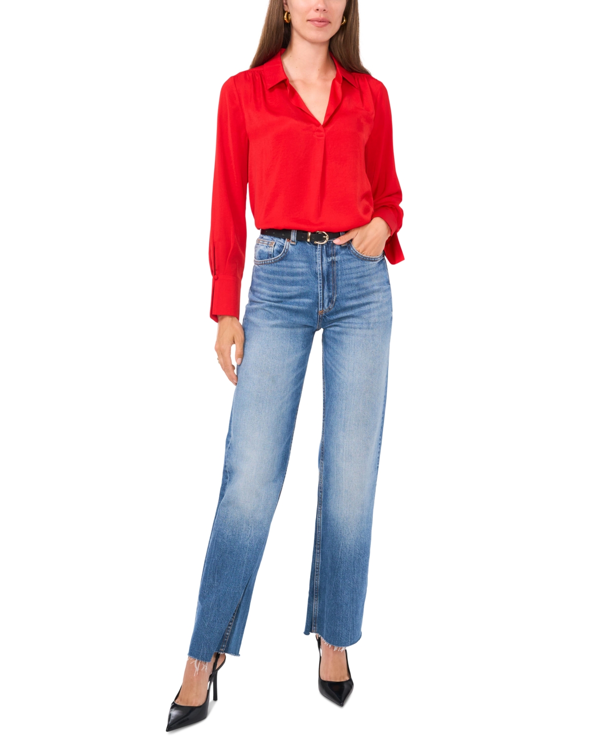 Vince Camuto Women's Long-Sleeve Collared V-Neck Top