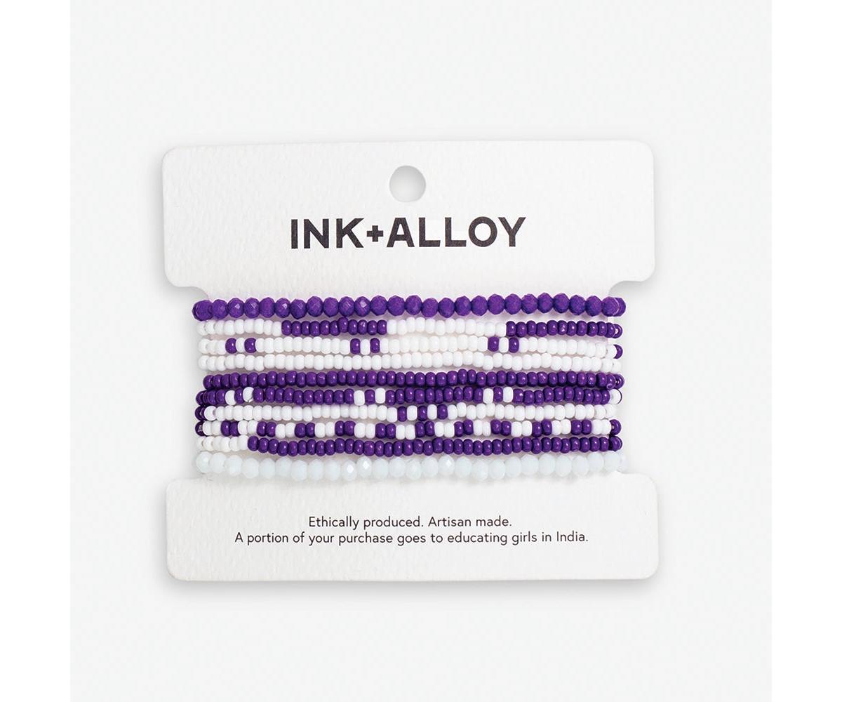 Ink + Alloy Sage 10 Stranded Beaded Stackable Stretch Bracelets - Purple and white