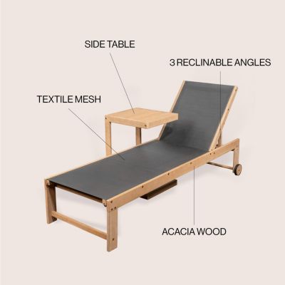 Trabuco Coastal Modern Acacia Wood Mesh 3-Position Outdoor Chaise Lounge Set with Side Table