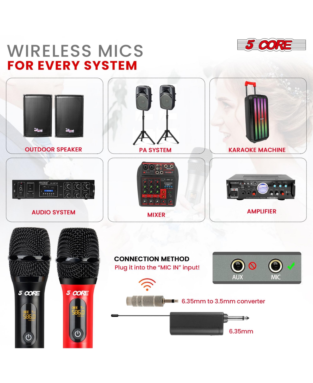 5 Core Wireless Microphone Pair Uhf Professional Handheld Microfonos Inalambricos Cordless Mic System Wm Uhf 02-red+Blk - Red  Black