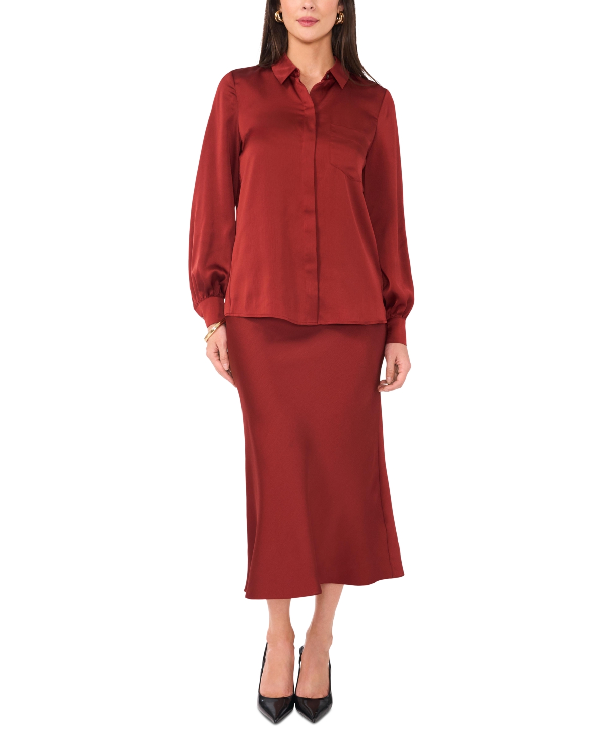 Vince Camuto Women's Long-Sleeve Satin Button-Front Top