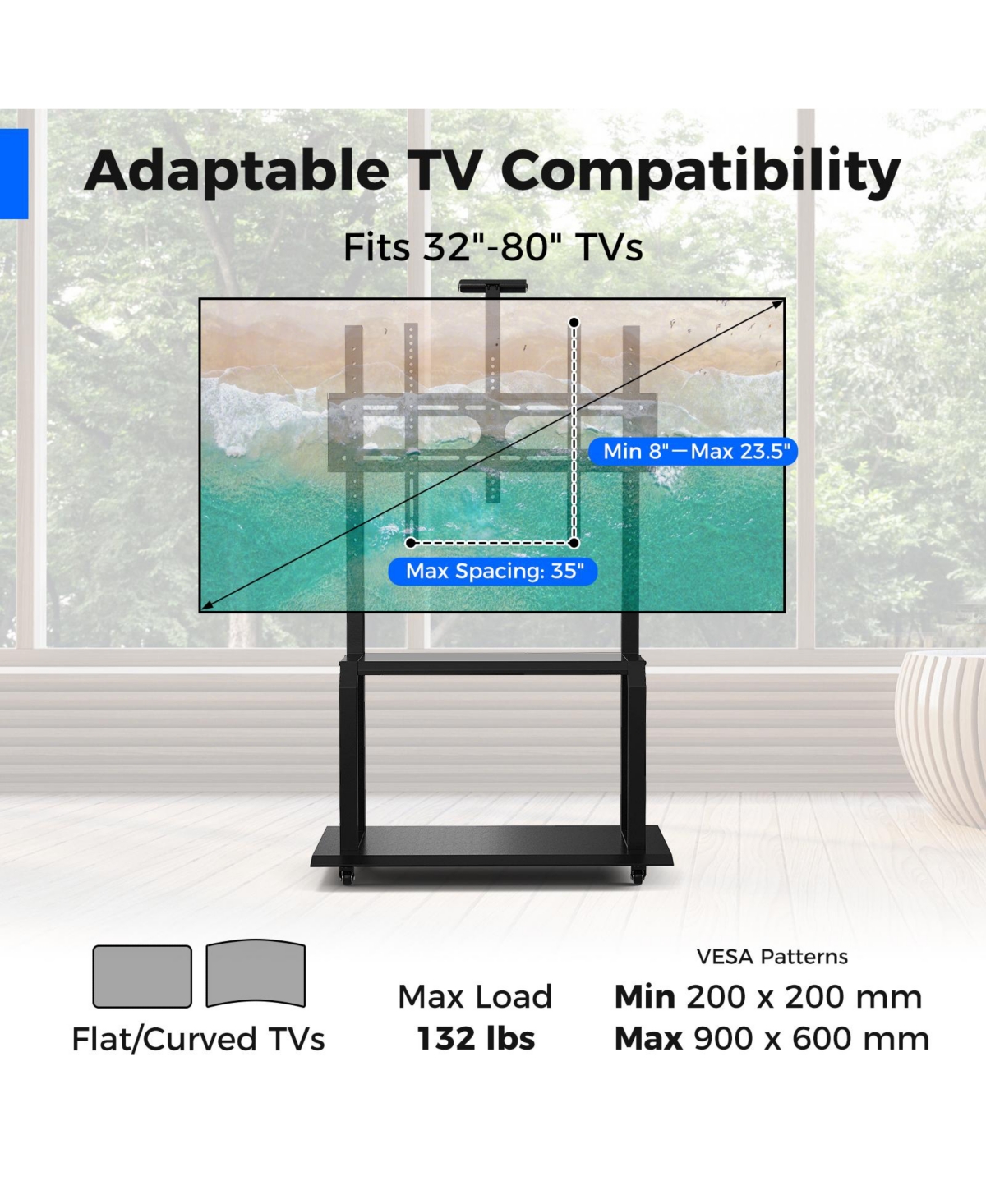 Sugift Mobile Tv Stand with Camera Shelf and Av Shelves for Inch Flat/Curved TVs