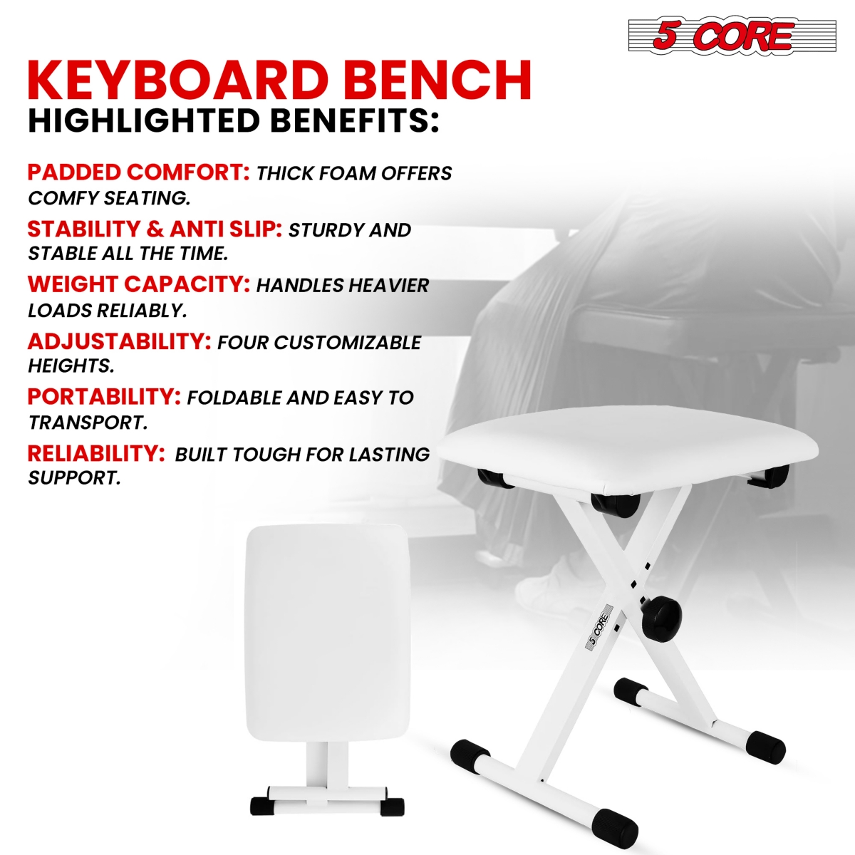5 Core Keyboard Bench Pair X Style Piano Stool Thick Padded 12 to inch Adjustable Keyboards Chair- White