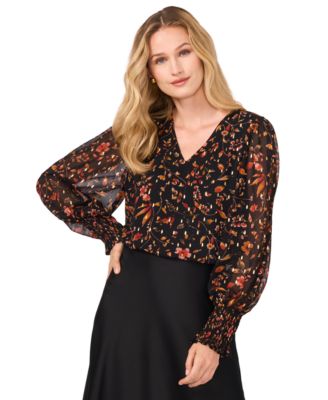 CeCe - Women's Floral Print Foil Dot Blouson-Sleeve Blouse