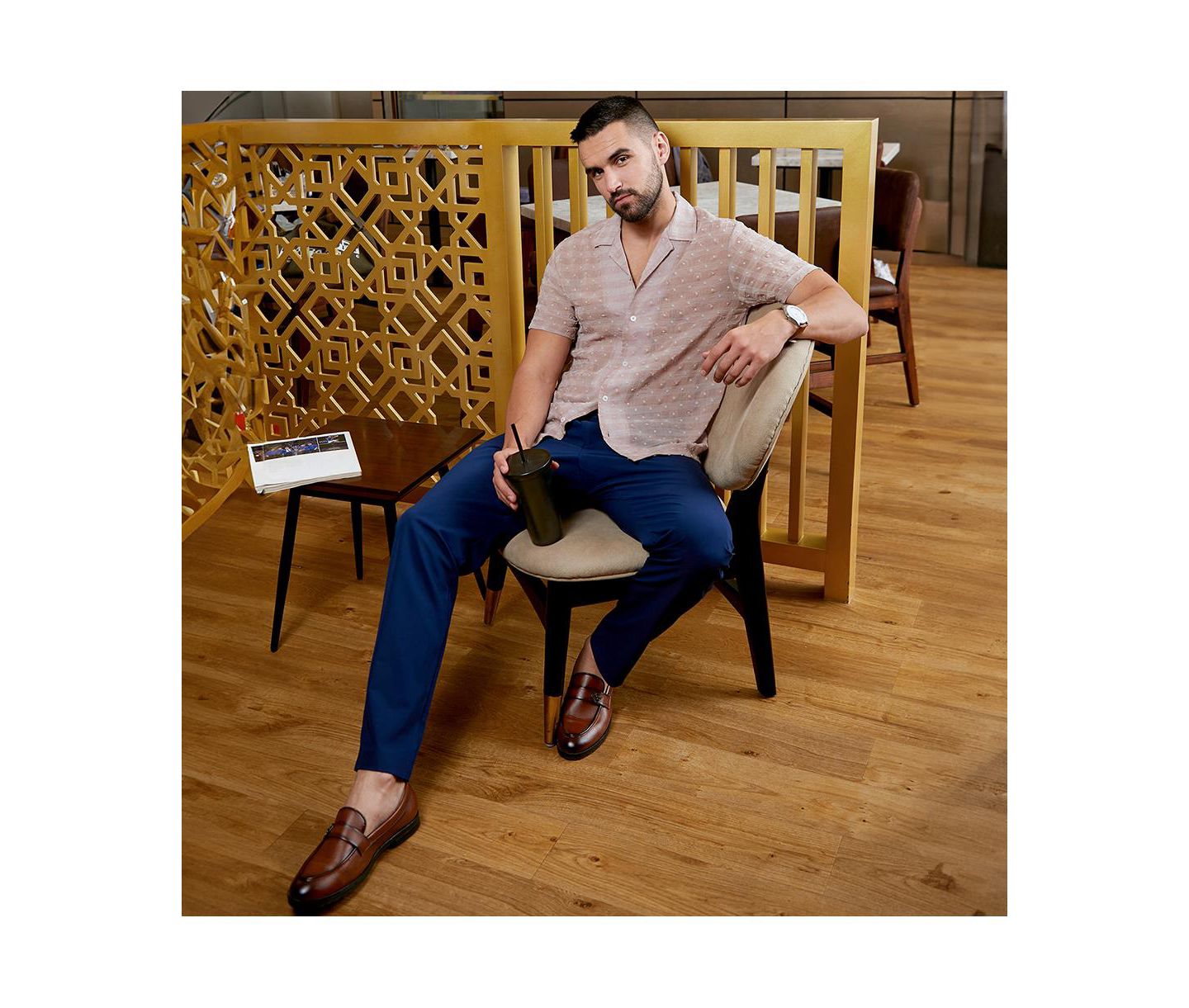 Мужская рубашка Cahoot Campus Sutra Brown Self-Design Buffalo Check, цвет: Бежевый / Хаки — фото 3