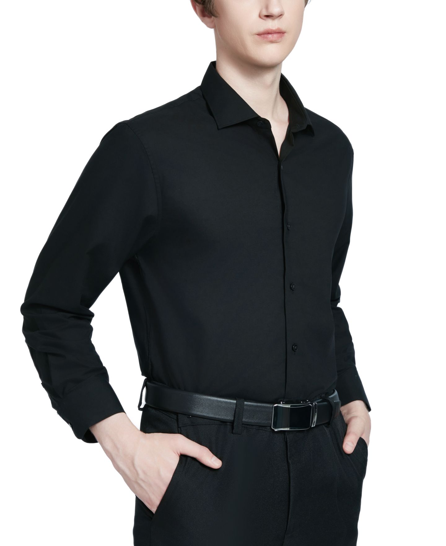 Мужская рубашка Perry Ellis Portfolio Perry Ellis Modern-Fit Lux Twill Solid Dress Shirt, цвет: Чёрный — фото 3