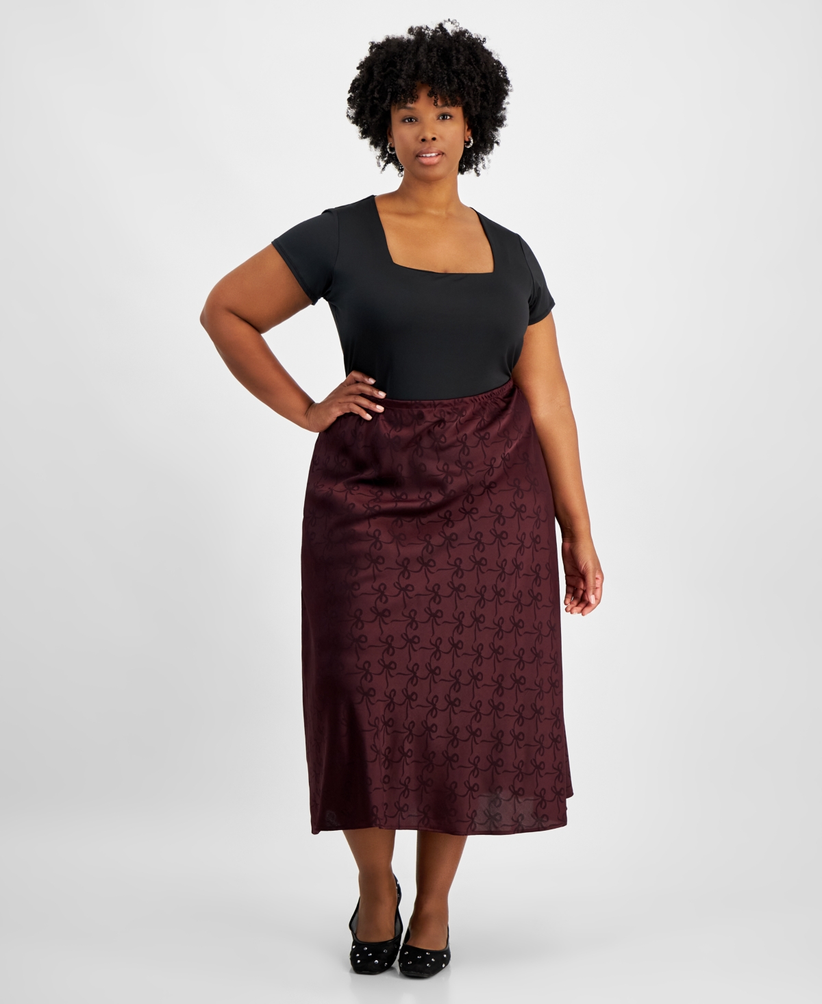Trendy Plus Bow Print Satin Maxi Skirt, Created for Macy's - Deep Merlot