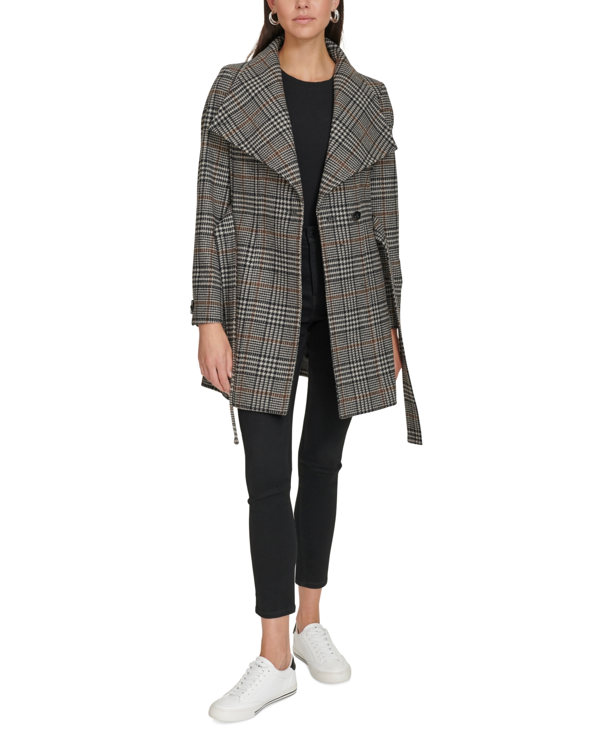 Calvin Klein Womens Asymmetrical Belted Wrap Coat, Created For Macys In Black,brown