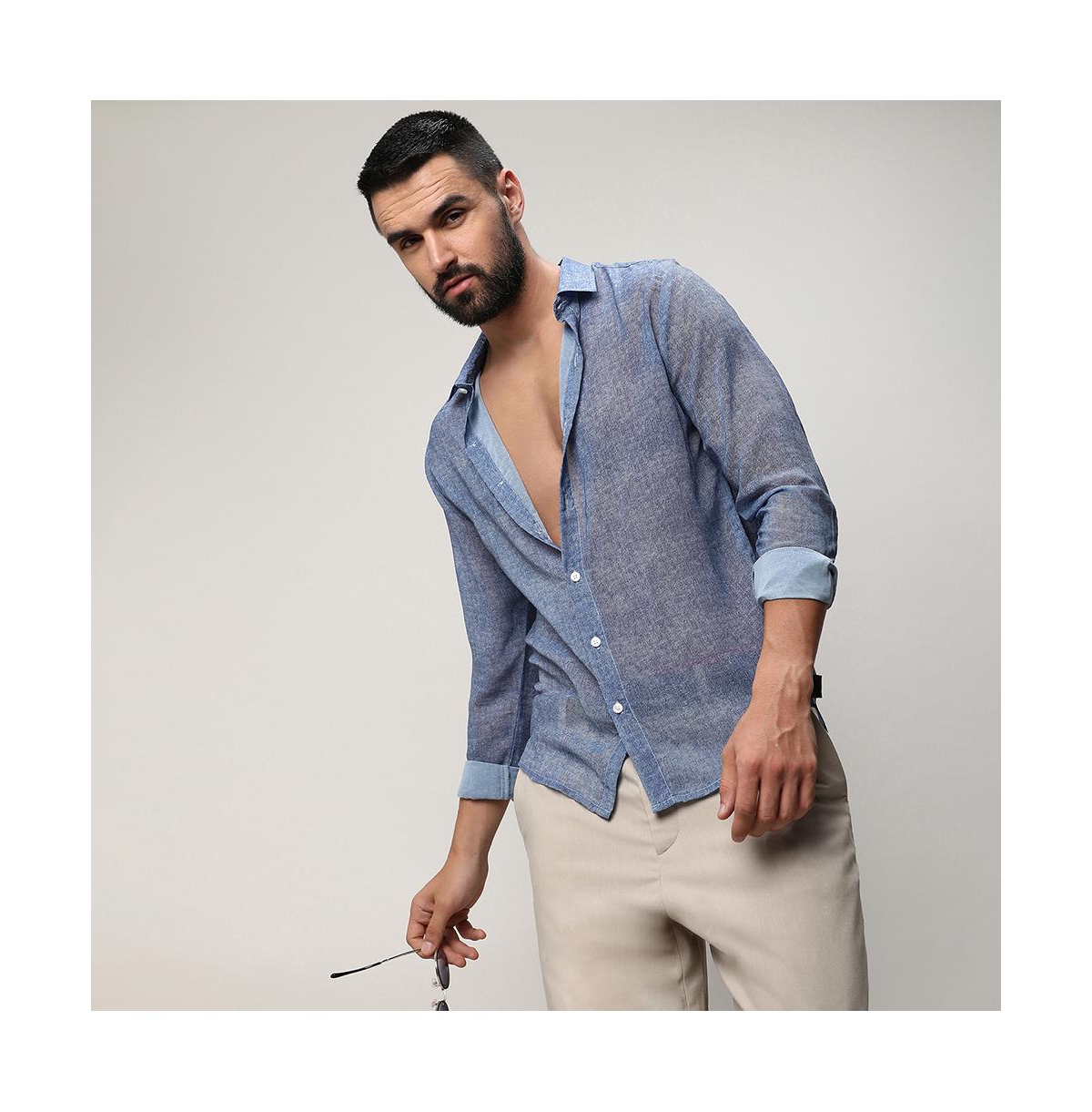 Campus Sutra Men's PrussianGauzy Heathered Shirt - Blue