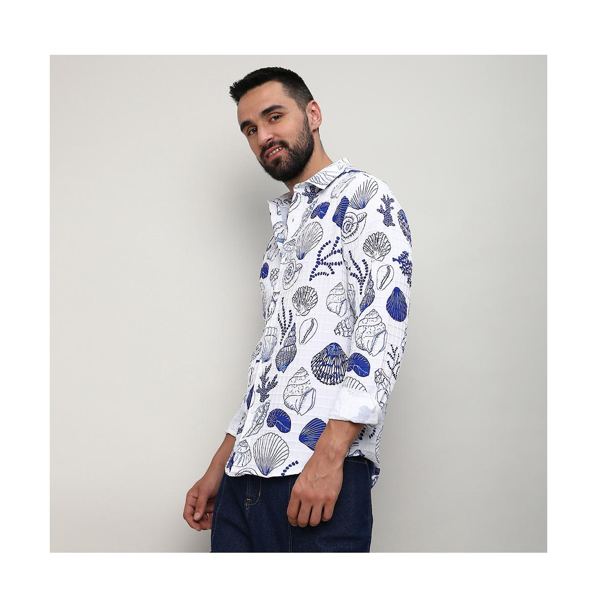 Campus Sutra Men's ChalkIndigo Blue Seashell Shirt - White