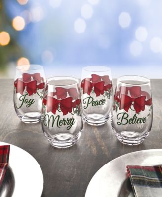 Red Ribbon Stemless Wine Glasses, Set of 4