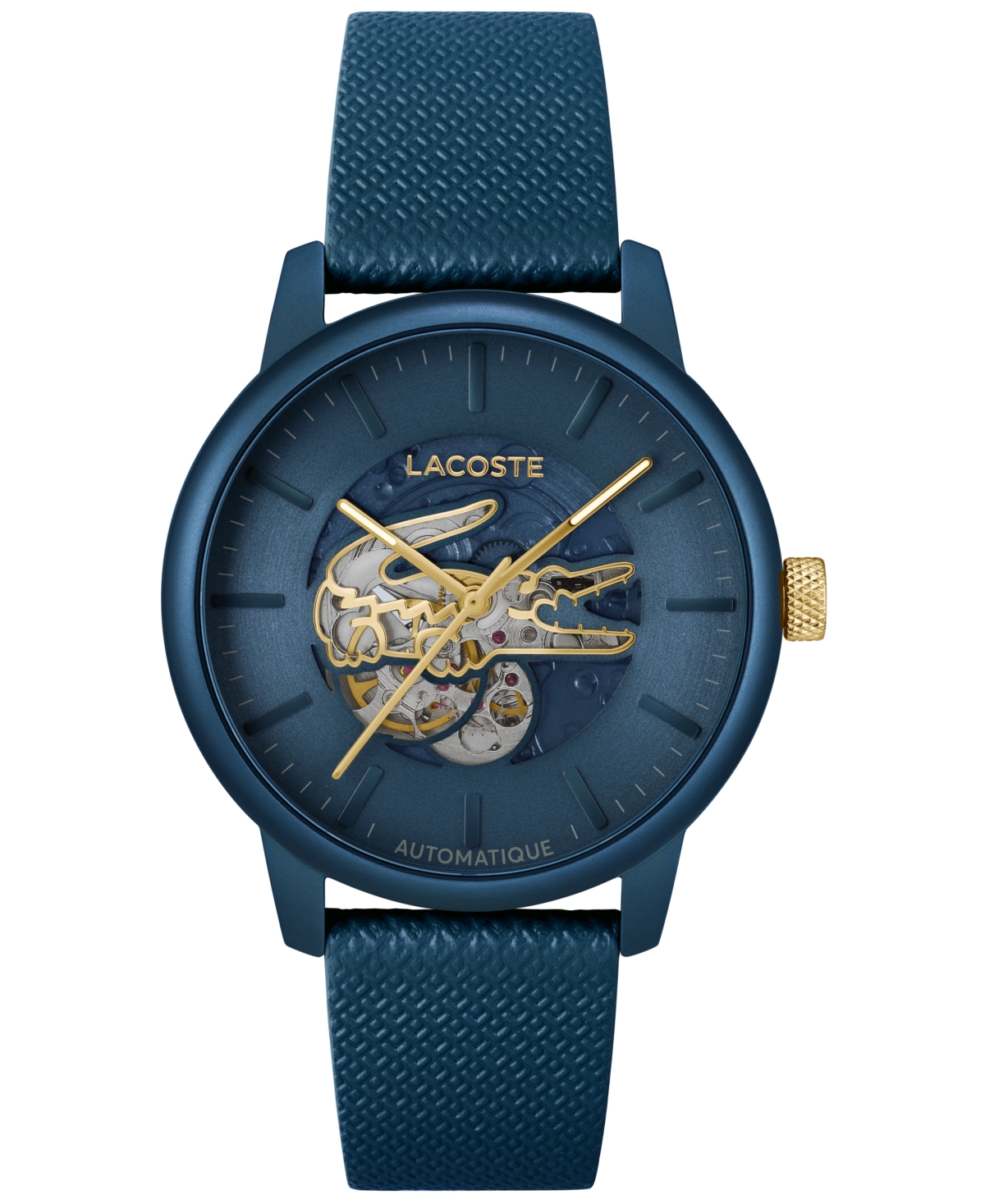 LACOSTE MEN'S L.12.12 AUTOMATIQUE BLUE LEATHER STRAP WATCH 44MM 