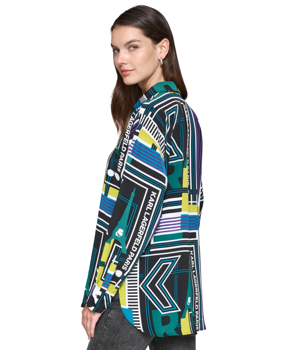 Karl Lagerfeld Paris Women's Oversized Printed Button-Front Top - Soft White  Green