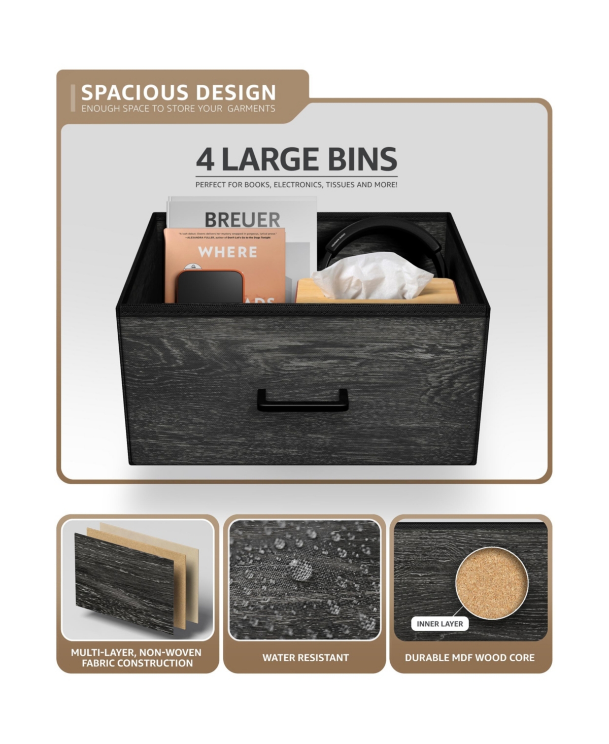 Sorbus 4 Drawers Chest Nightstand - Storage for Closet, Home, College Dorm - Features Steel Frame, Wood Top, & Fabric Bins