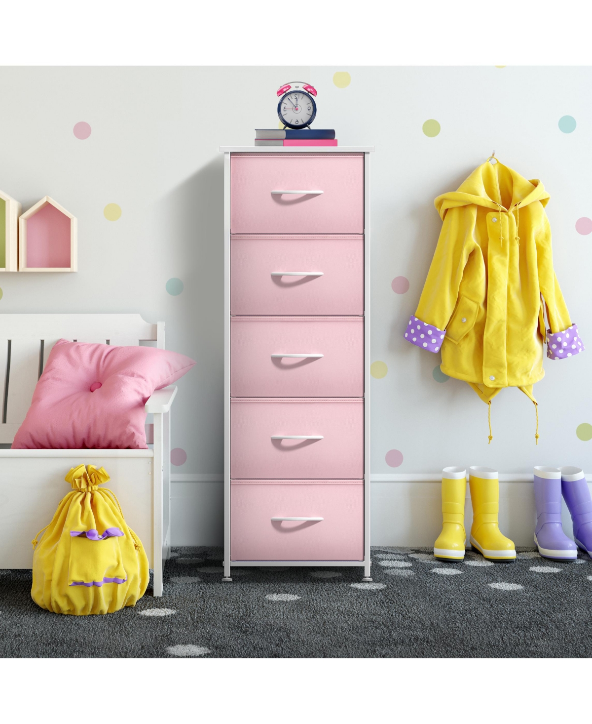 Sorbus Narrow 5 Drawers Nightstand with Steel Frame, Wood Top, Easy Pull Fabric Bins for Home, Bedroom, Office & Dorm