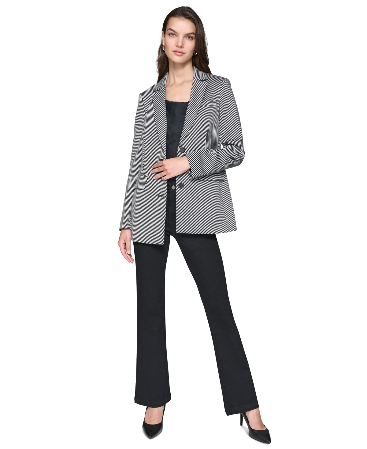 Karl Lagerfeld Paris Women's Striped Notched-Lapel Blazer - Black  Soft White