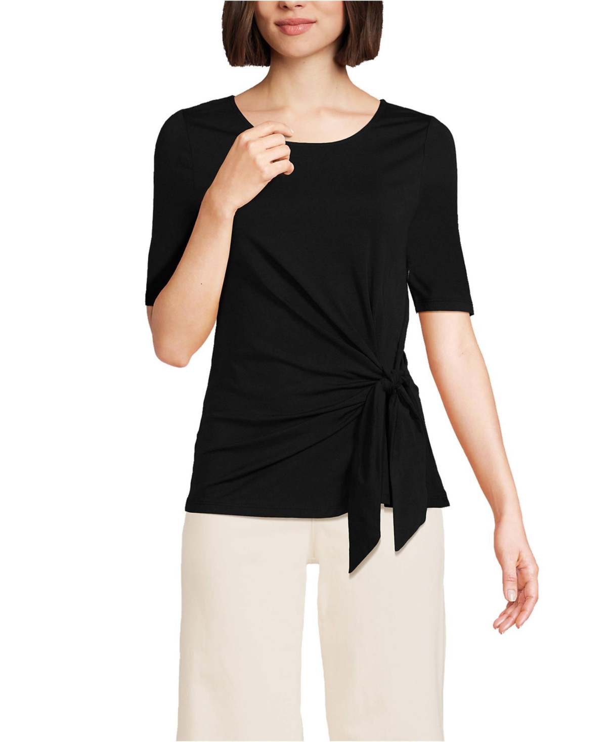 Women's Petite Lightweight Jersey Tie Front Top - Black