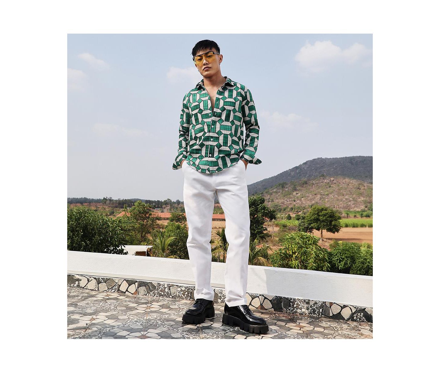 Мужская рубашка Cahoot Emerald Green & Ivory White Contrast Block, цвет: Белый — фото 3