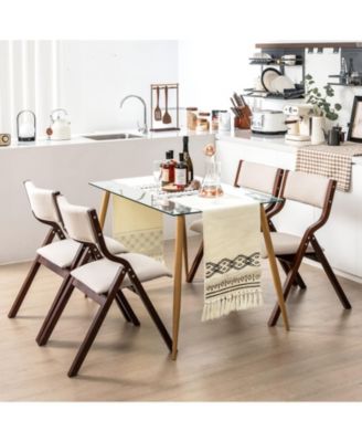 Set of 2 Wooden Folding Dining Chair with Linen Fabric Padded Seat and Backrest