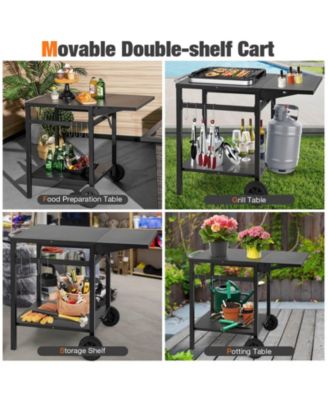 Movable Outdoor Grill Cart with Folding Tabletop and Hooks
