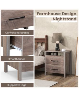 Nightstand with 2 Drawers Farmhouse Bed Side Table with Open Storage Shelf