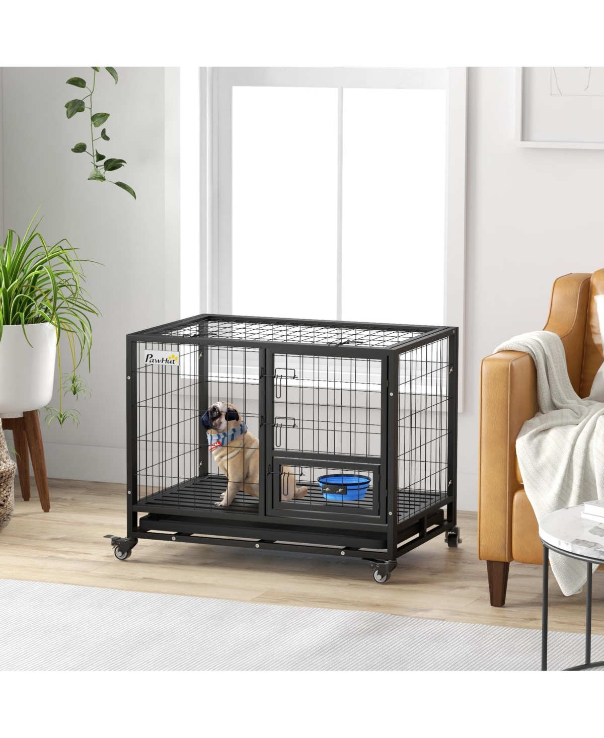 PawHut Dog Crate with Bowl Holder, Wheels for Med/Large Dogs,- Black