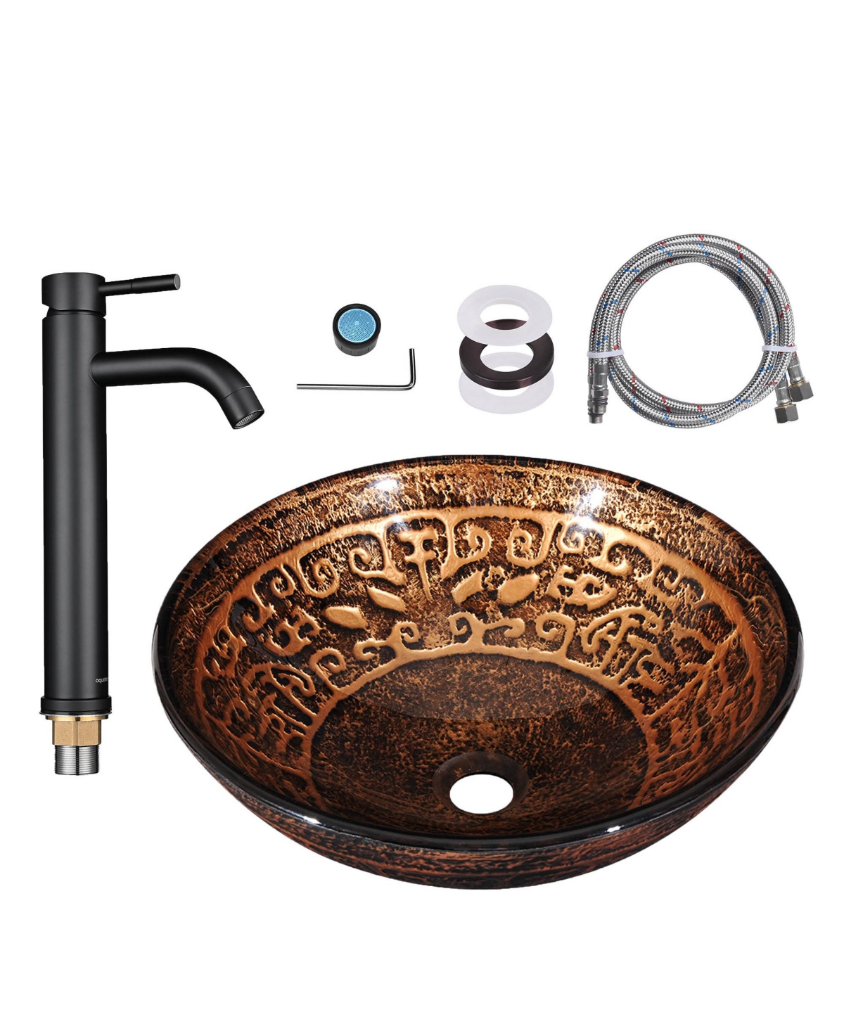 Tempered Glass Vessel Sink Antique Totem w/ Orb Faucet Mounting Ring - Brown